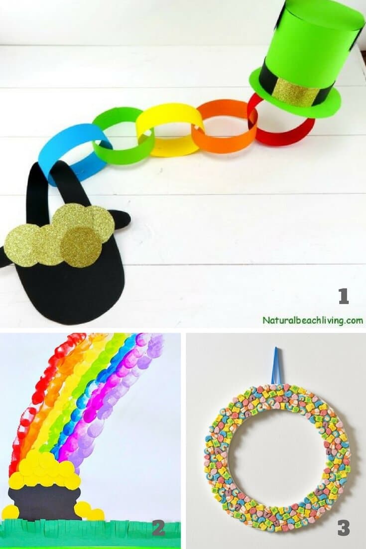 St. Patrick's day activities for preschoolers including rainbow and pot of gold crafts