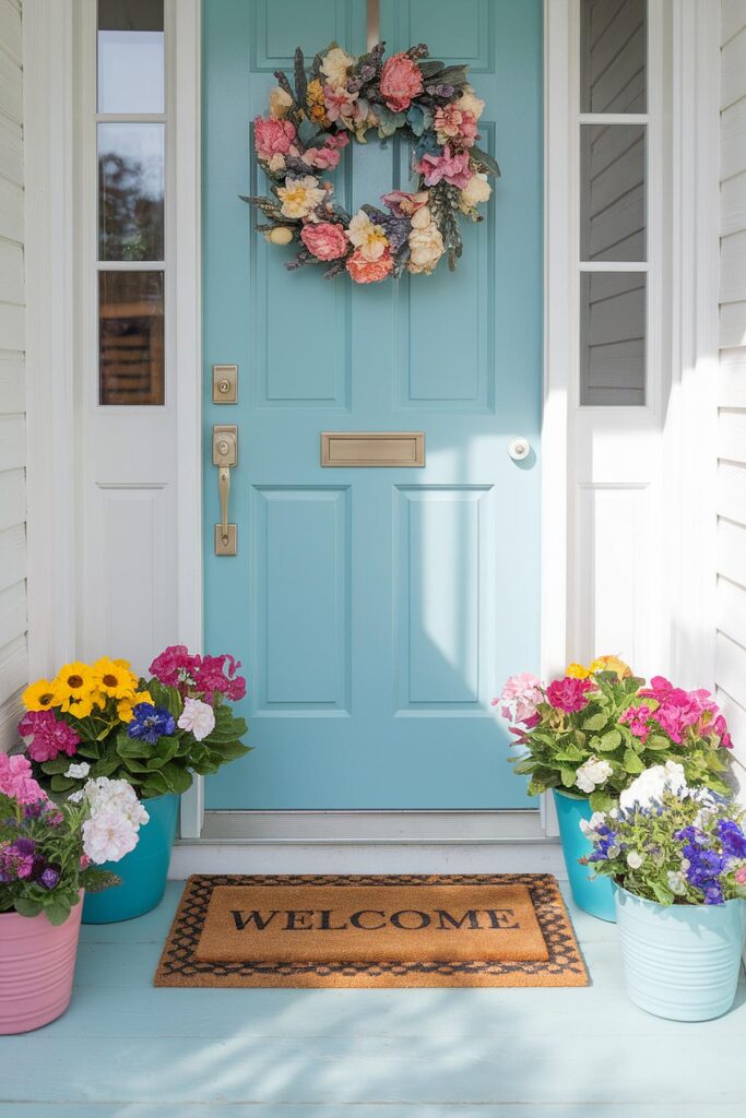 Teal door with floral wreath, welcome mat, and colorful flowers in pots create a charming, inviting entrance.