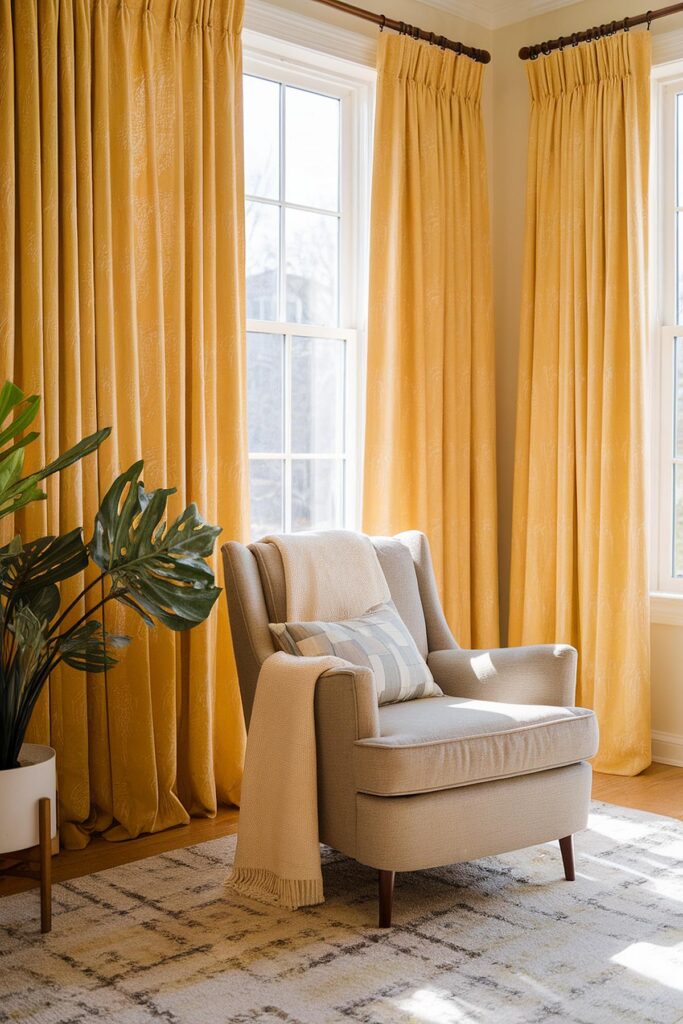 Cozy room with beige armchair, yellow curtains, and potted plant, bathed in sunlight through large windows.