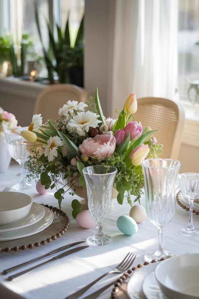 Elegant spring table setting with floral centerpiece, pastel eggs, and crystal glassware in a sunlit dining room.