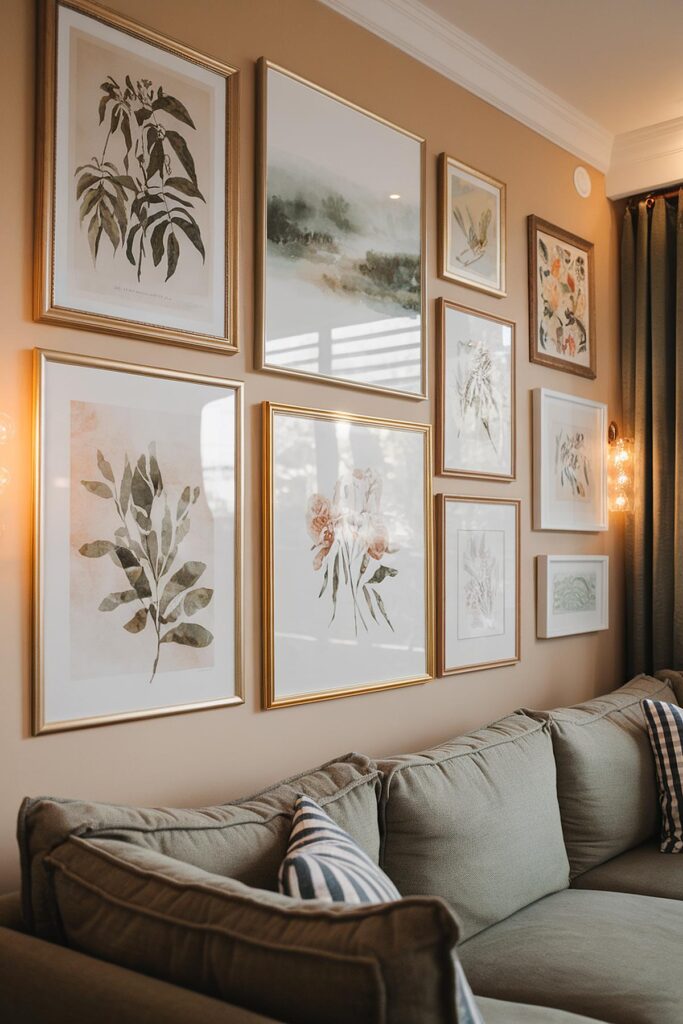 Gallery wall with botanical prints above a cozy green sofa with striped pillows, creating a stylish living room decor.