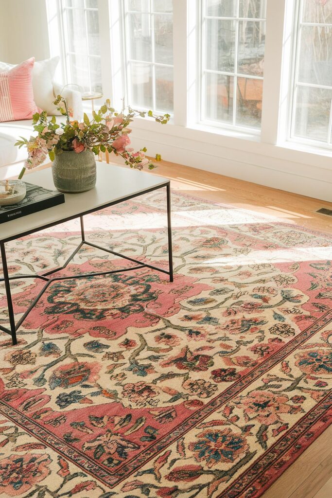 Sunlit room with pink floral rug, coffee table, and vase with flowers. Bright and cozy interior design.