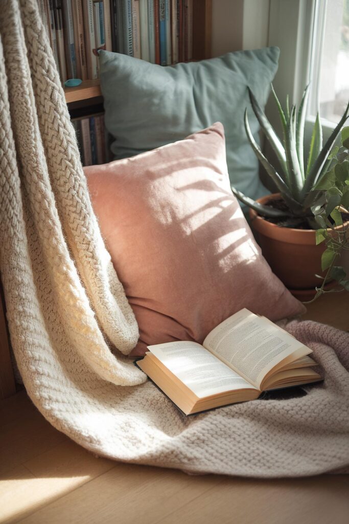 Cozy reading nook with open book, soft pillows, throw blanket, and sunlight streaming in through a window.