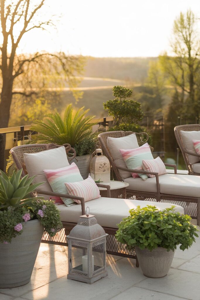 Cozy patio with lush plants, wicker chairs, and soft cushions bathed in warm sunlight; serene outdoor relaxation setting.