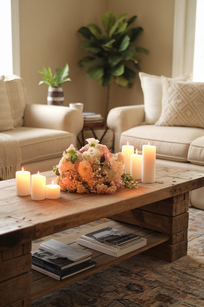 Cozy living room with candles and flowers on a rustic wooden table, accented by neutral sofas and a potted plant.