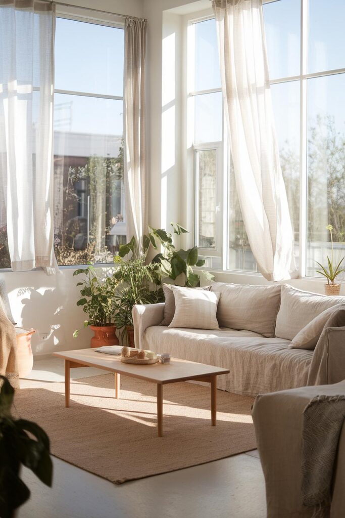 Bright living room with cozy sofa, wooden table, plants, and sunlight streaming through large windows.