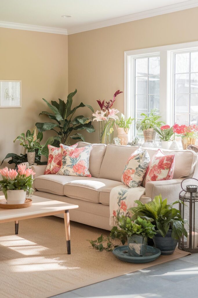 Cozy living room with a beige sofa, floral pillows, and lush green plants by sunlit windows.
