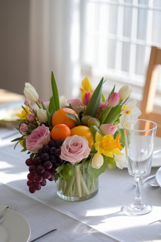 Elegant floral and fruit centerpiece on a table, featuring roses, tulips, grapes, and oranges with a glassware setting.
