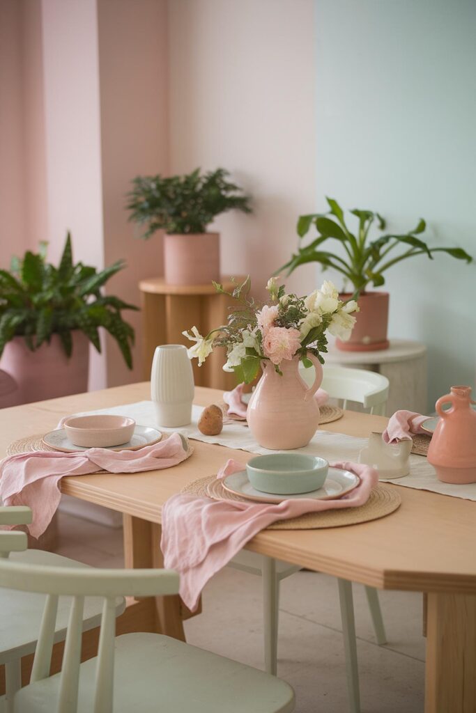 Elegant table setting with pastel ceramics, pink napkins, and floral centerpiece, surrounded by indoor plants.