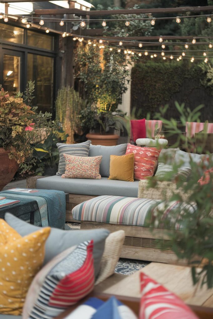 Cozy outdoor patio with colorful cushions, string lights, and lush greenery for a relaxing ambiance.