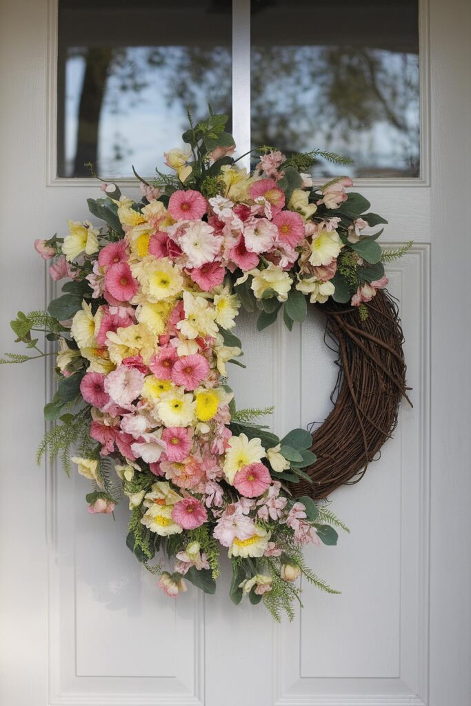 Beautiful floral wreath with pink and yellow blooms on a white door. Perfect for spring decor.