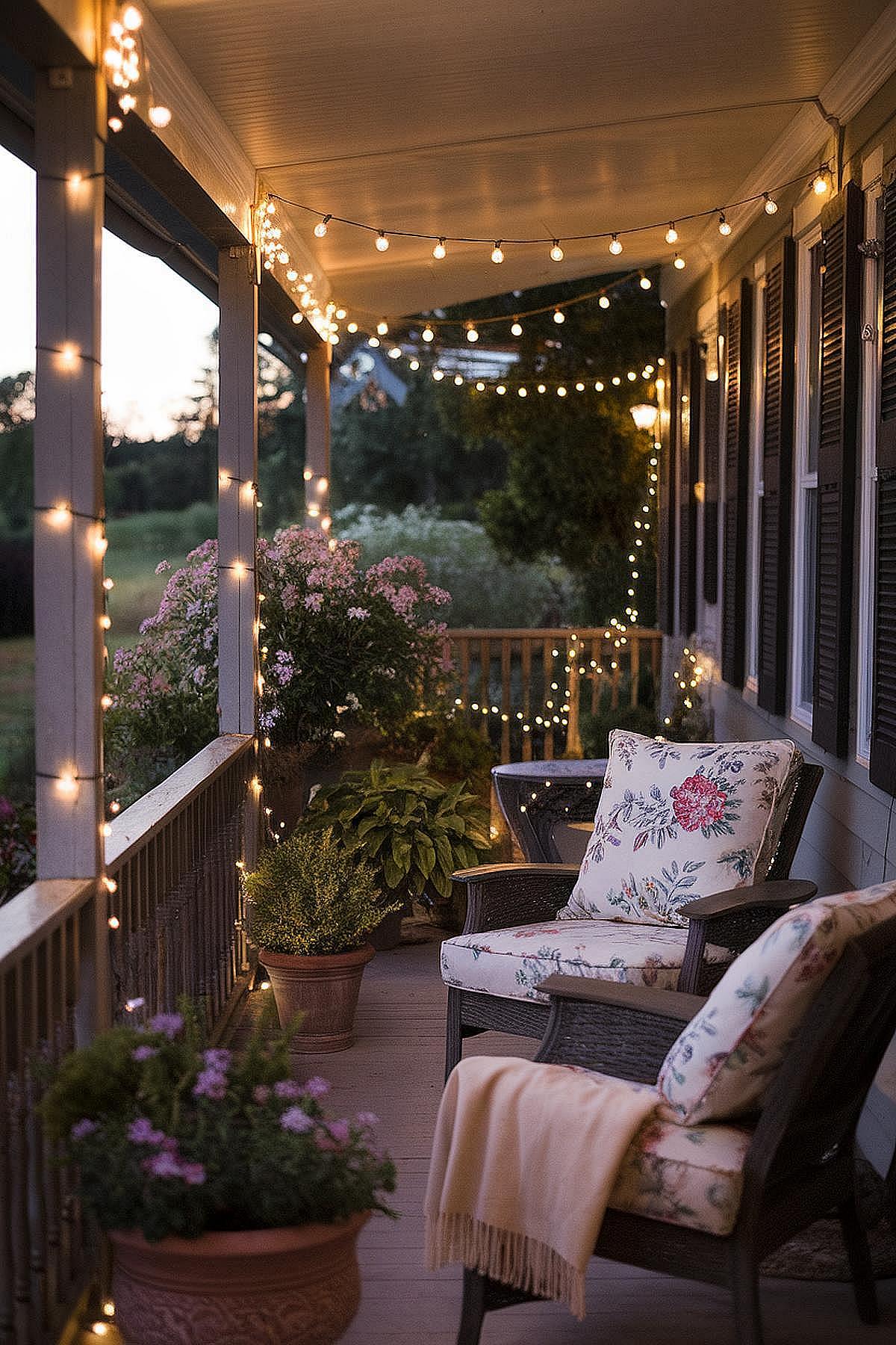 Soring front porch decor ideas for Cozy porch with string lights, floral cushions, and potted plants at sunset, creating a relaxing outdoor setting.
