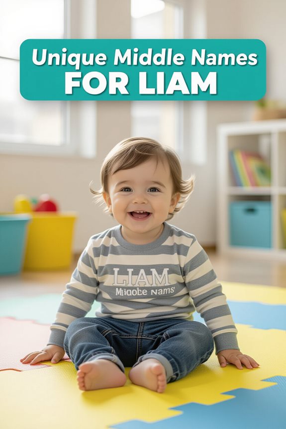 Smiling baby on mat in a bright room with Unique Middle Names for Liam text above.