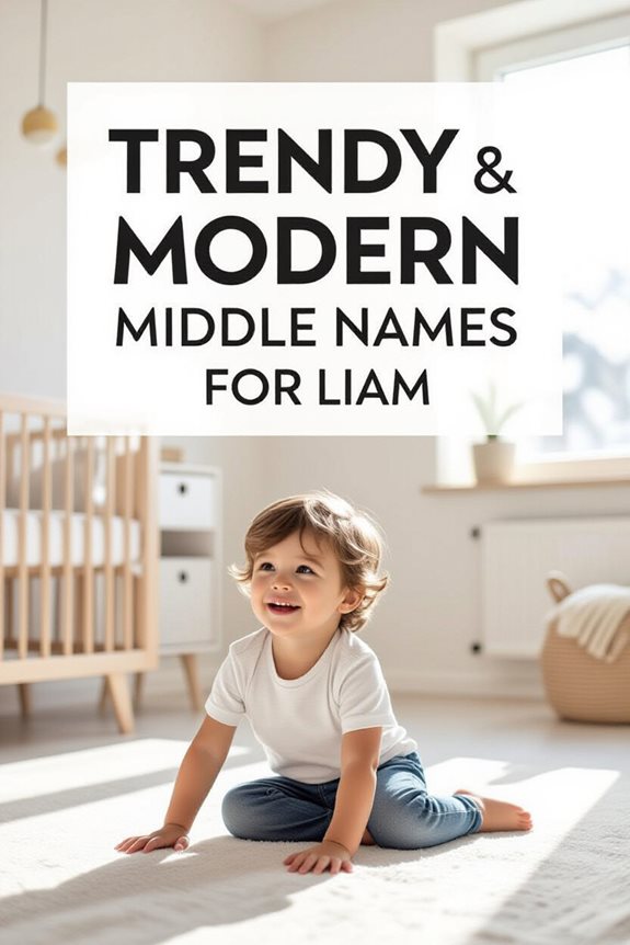 Toddler playing on nursery floor with trendy middle names for Liam text.