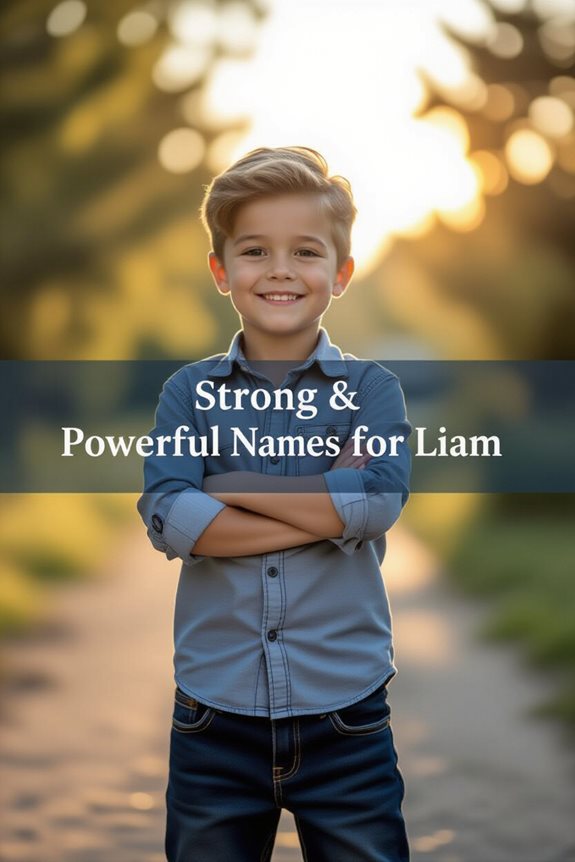 Young boy smiling confidently outdoors, text overlay: Strong & Powerful Names for Liam.