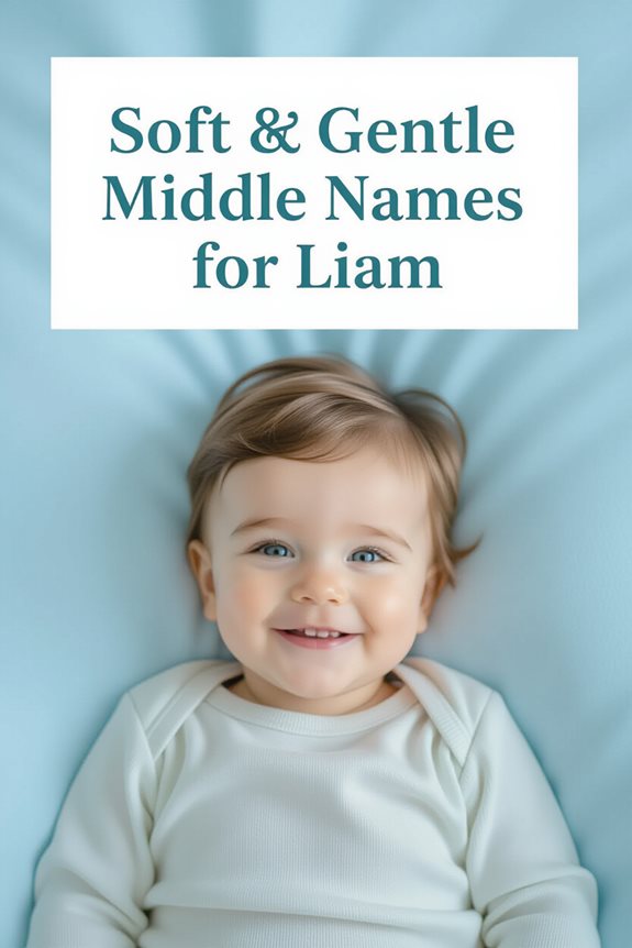 Smiling baby lying on blue background under text Soft & Gentle Middle Names for Liam.