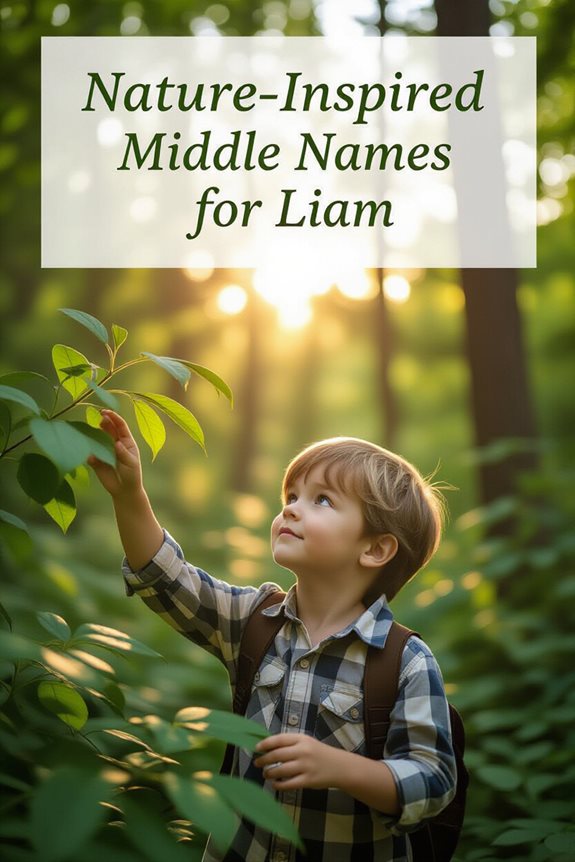 Child exploring nature in forest with sunlight, Nature-Inspired Middle Names for Liam text overlay.