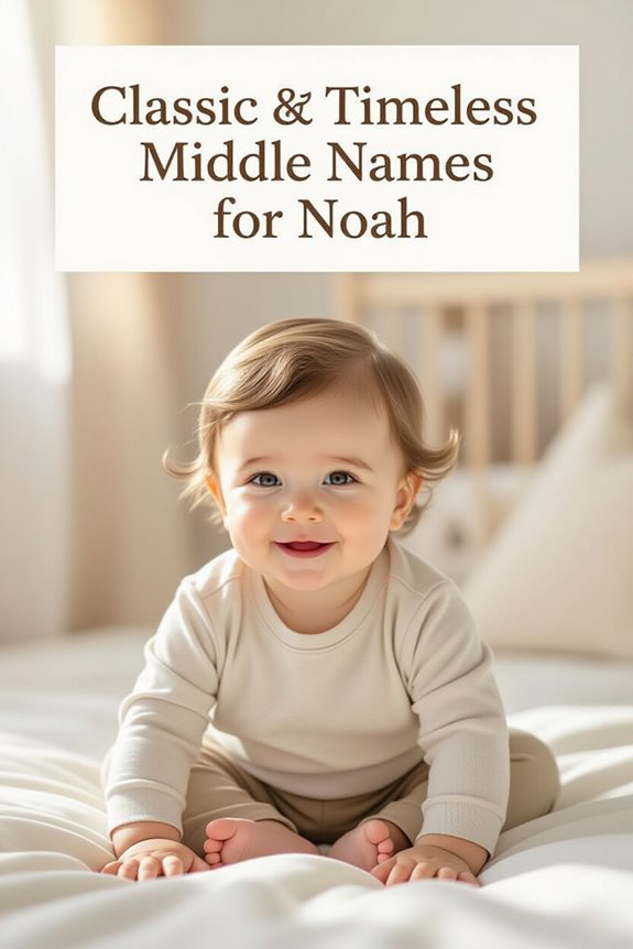 Smiling baby in white outfit on bed with text Classic & Timeless Middle Names for Noah in background.