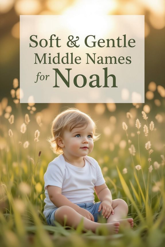 Toddler sitting in a sunlit field with text: Soft & Gentle Middle Names for Noah in the background.