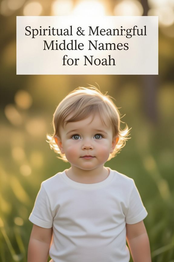 Toddler in white shirt in a field, text: Spiritual & Meaningful Middle Names for Noah.