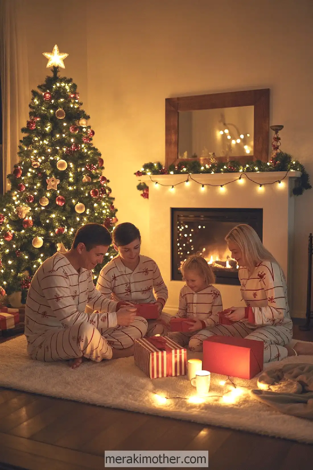 Family in matching pajamas opening gifts by the Christmas tree and fireplace. Cozy holiday celebration scene.