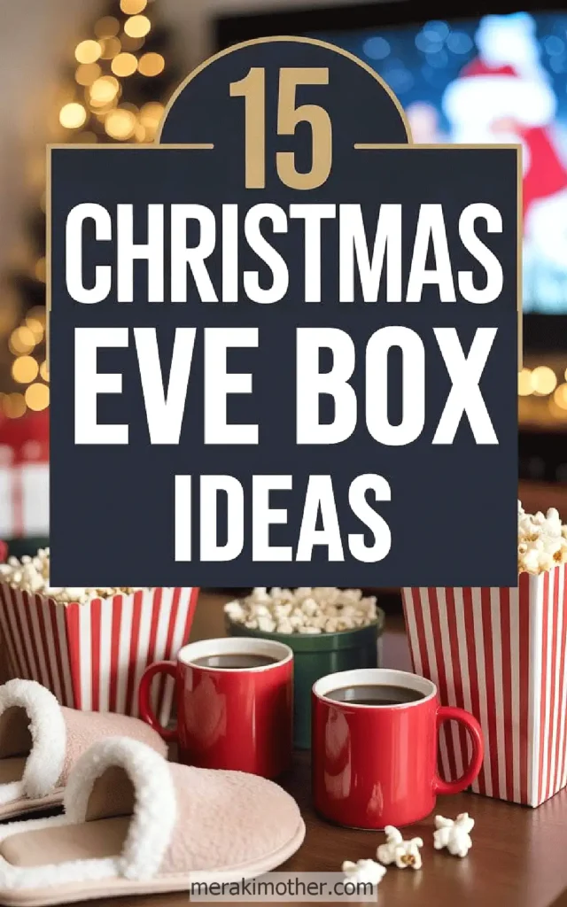 Cozy Christmas Eve box ideas with popcorn, mugs, and slippers for a festive holiday night.