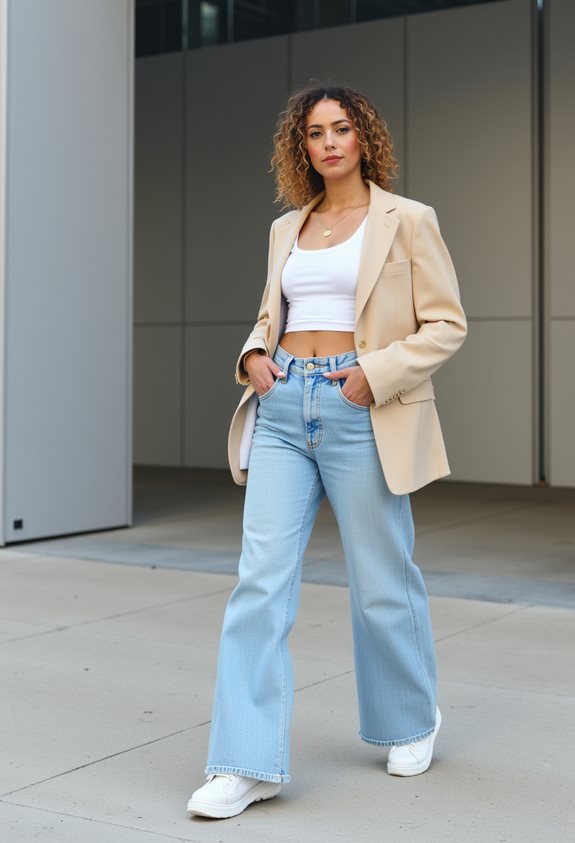 Woman in casual chic outfit: beige blazer, white crop top, light blue jeans, walking outdoors confidently.