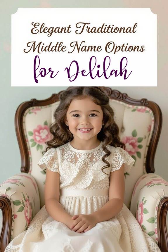 Elegant traditional middle name ideas for girls, featuring a young girl in a floral chair wearing a lace dress.