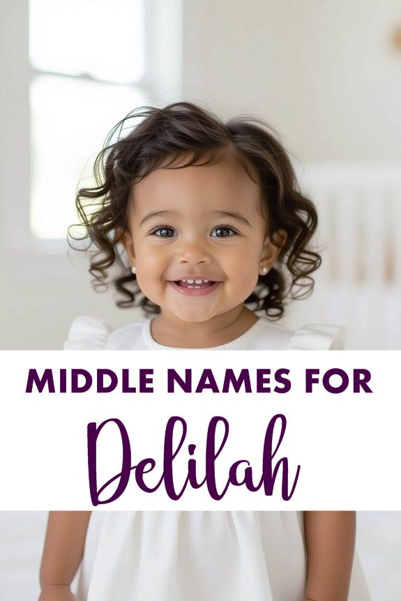 Smiling toddler in a white dress with text overlay: Middle Names for Delilah.
