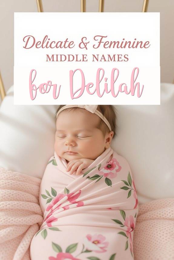 Sleeping baby girl in floral swaddle, text reads Delicate & Feminine Middle Names for Delilah in pink script.