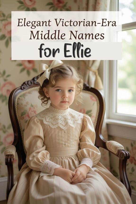 Young girl in Victorian dress sitting on chair, text reads Elegant Victorian-Era Middle Names for Ellie.