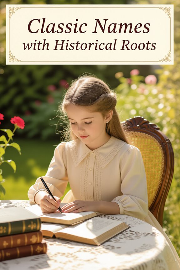 Girl in vintage dress writing, surrounded by books in a garden; text: Classic Names with Historical Roots.