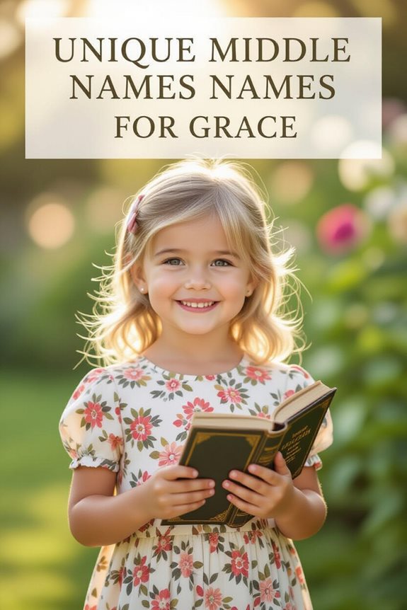 Smiling girl in floral dress holding book, overlay text Unique Middle Names for Grace.
