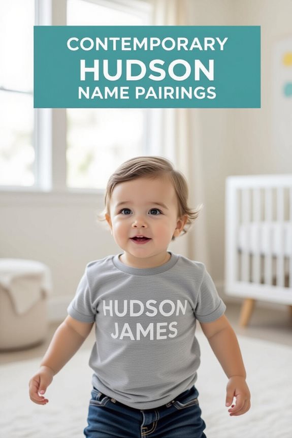 Cute toddler in Hudson James shirt, showcasing contemporary name pairings in a bright nursery room.