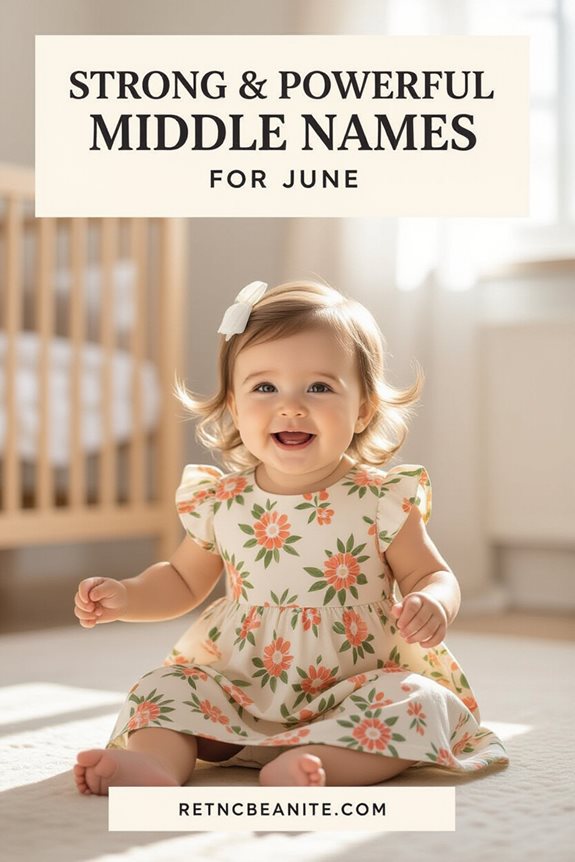 Smiling baby in floral dress sits in sunlit room with text overlay about middle names for June.