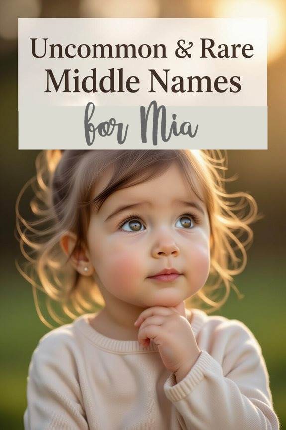 Young girl with thoughtful expression, text: Uncommon & Rare Middle Names for Mia against a blurred outdoor background.