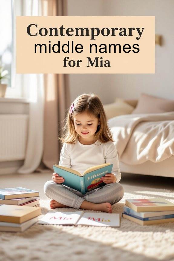 Young girl reading surrounded by books, featuring text Contemporary middle names for Mia.