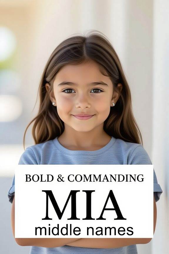 Young girl smiling with text overlay: Bold & Commanding Mia Middle Names. Ideal for naming inspiration.