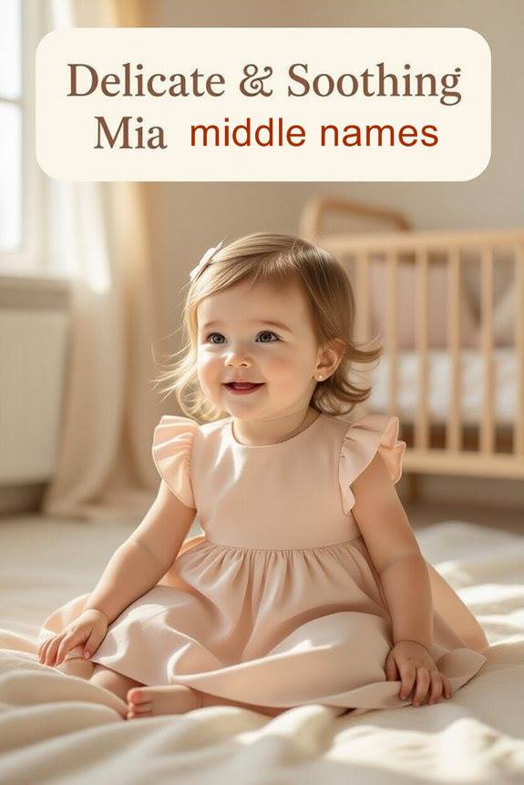 Smiling baby girl in a peach dress, promoting delicate and soothing Mia middle names.