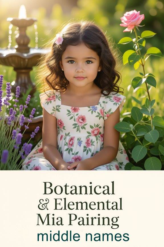 Young girl in a floral dress sitting in a garden, surrounded by flowers. Text: Botanical & Elemental Mia Pairing Middle Names.