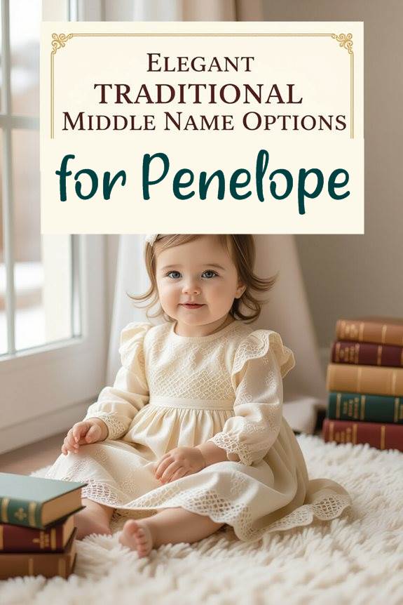 Adorable baby in lace dress with books, under text Elegant Traditional Middle Name Options for Penelope.
