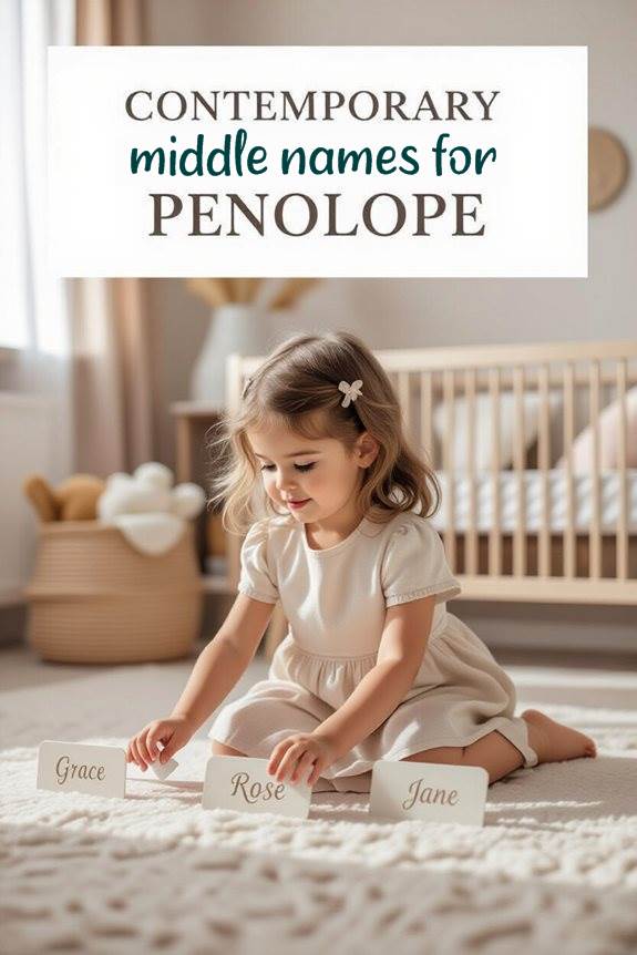 Toddler selecting contemporary middle names for Penelope in a cozy nursery setting.