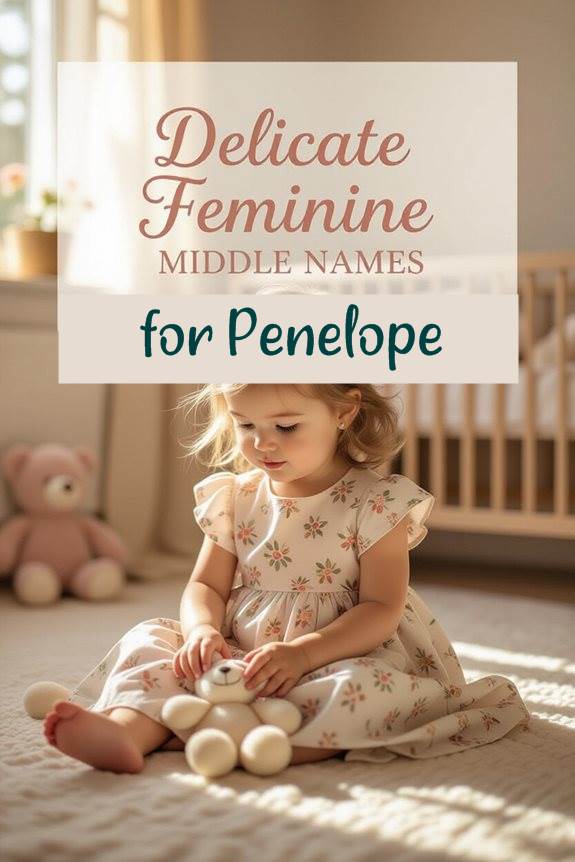Little girl in floral dress with teddy, room text: Delicate Feminine Middle Names for Penelope.
