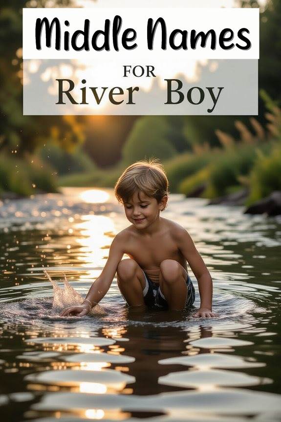 Little boy playing in a sunlit river, promoting middle name ideas for River Boy with text overlay.