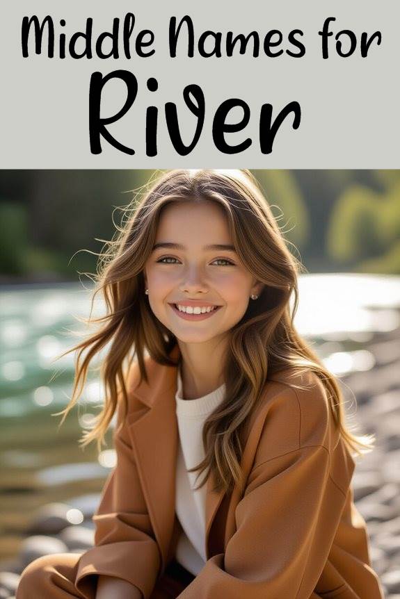 Smiling person by a river, image labeled Middle Names for River in text, outdoors with natural background.