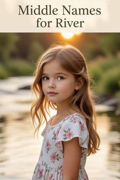 Girl standing by a river at sunset, wearing a floral dress. Text reads, Middle Names for River.