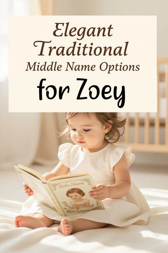 Baby girl reading book on floor, text: Elegant Traditional Middle Name Options for Zoey.