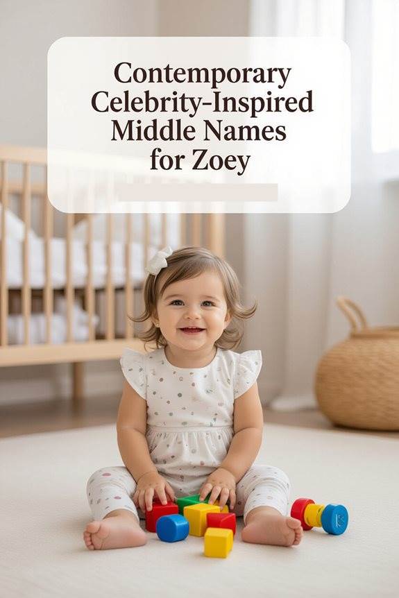 Happy toddler playing with toys; text: Contemporary Celebrity-Inspired Middle Names for Zoey.