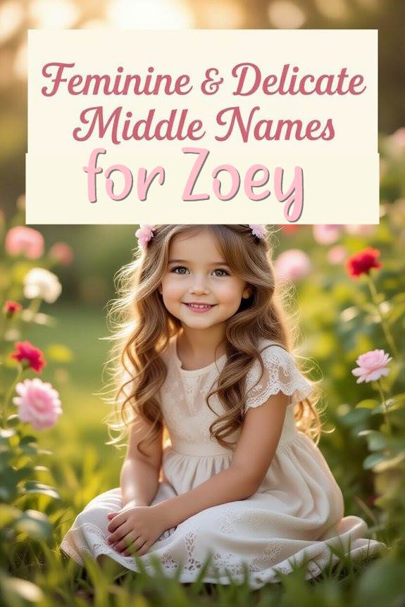 Girl in a white dress smiling in a garden with text overlay about feminine and delicate middle names for Zoey.
