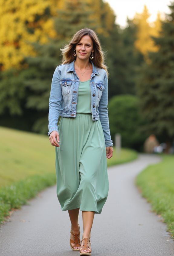 Woman in green dress and denim jacket walking on a scenic path surrounded by trees.